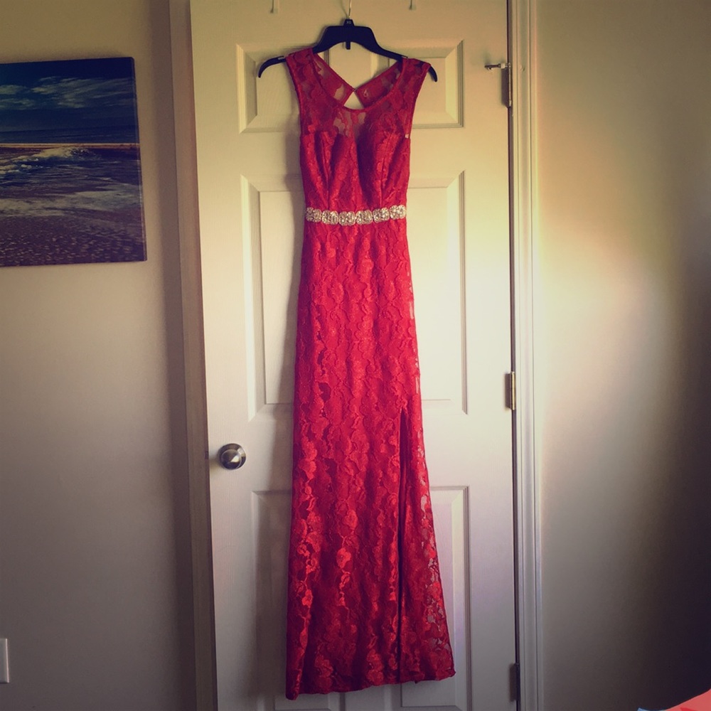 Floor length red evening gown